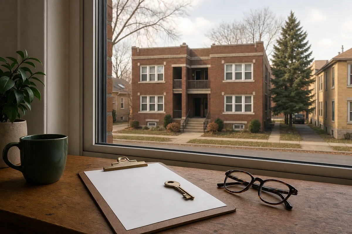 A clipboard, brass key, and reading glasses on a table by a window overlooking a brick two-flat