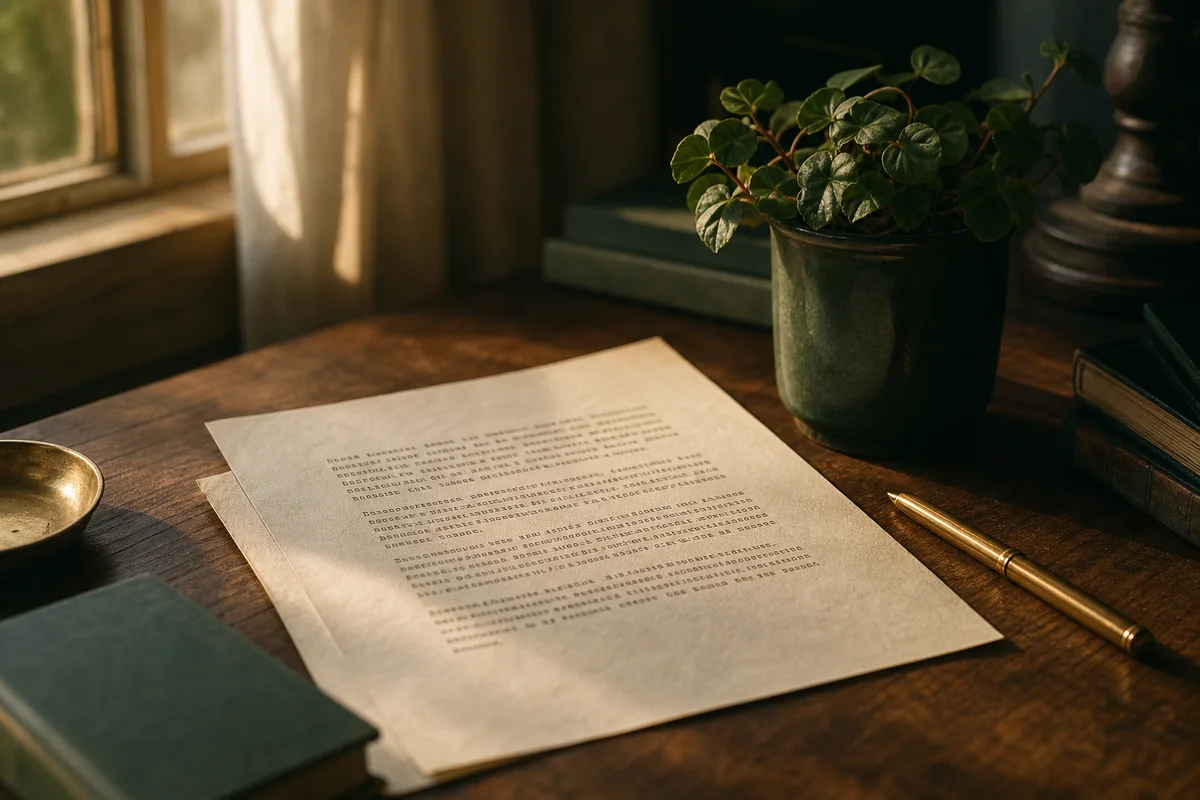 A typed letter beside a brass pen on a wooden desk